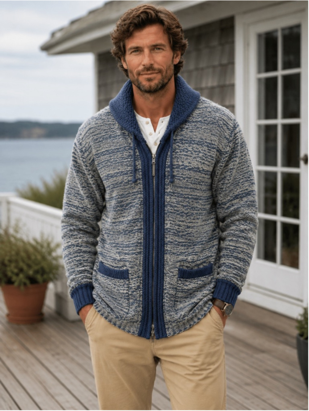 Denim Supply Ralph Lauren Men L Shawl Collar Sweater Preppy Jacket Full Zip Blue